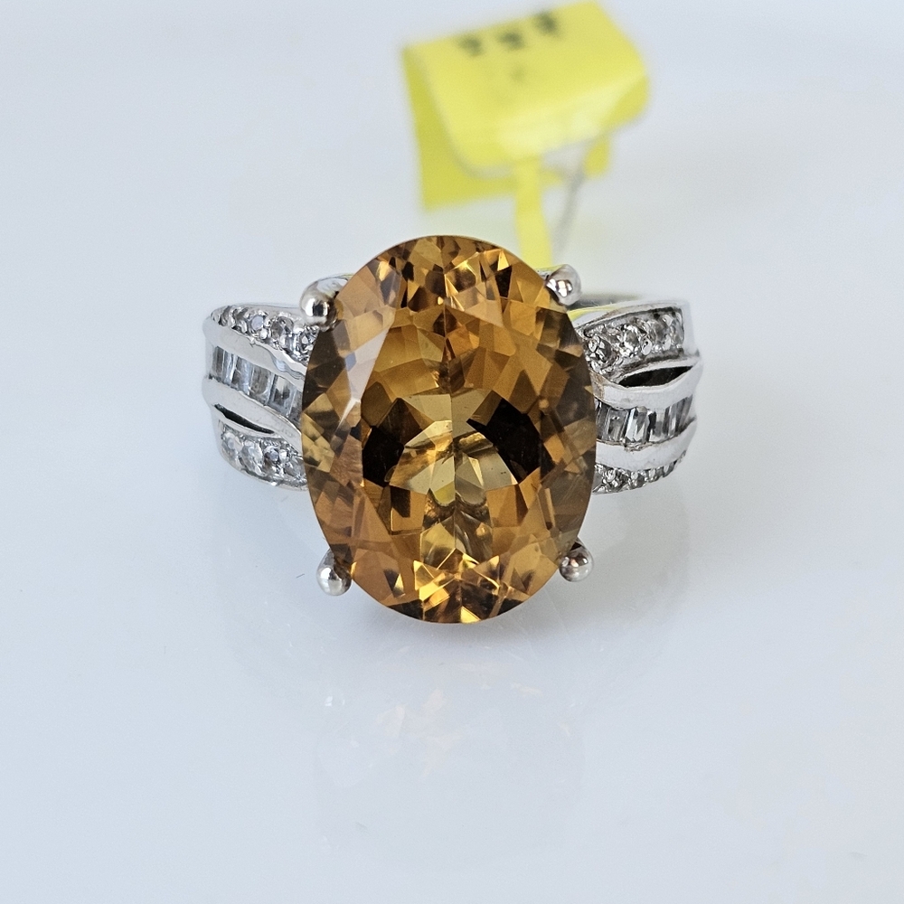 Natural Citrine & Zircon Ring Sterling Silver Platinum Overlay Size 7